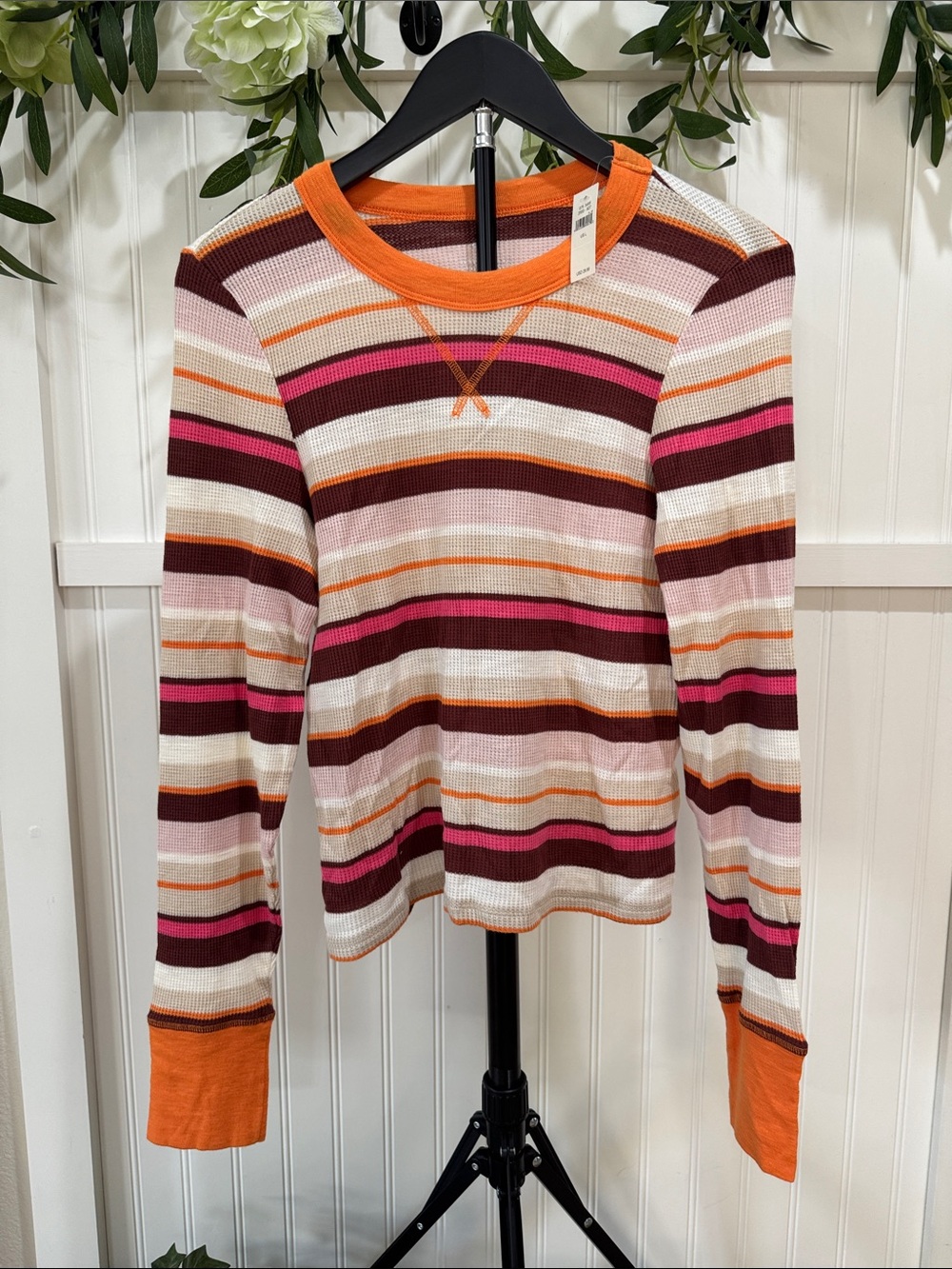 #317 AERIE Long Sleeve Striped Waffle Tee in Orange, Pink, Brown, Cream NWT